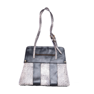 Crocodile Embossed Leather Handbag - Grey & White