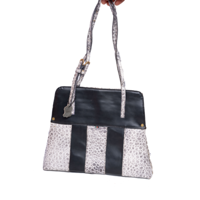 Crocodile Embossed Leather Handbag - Grey & White