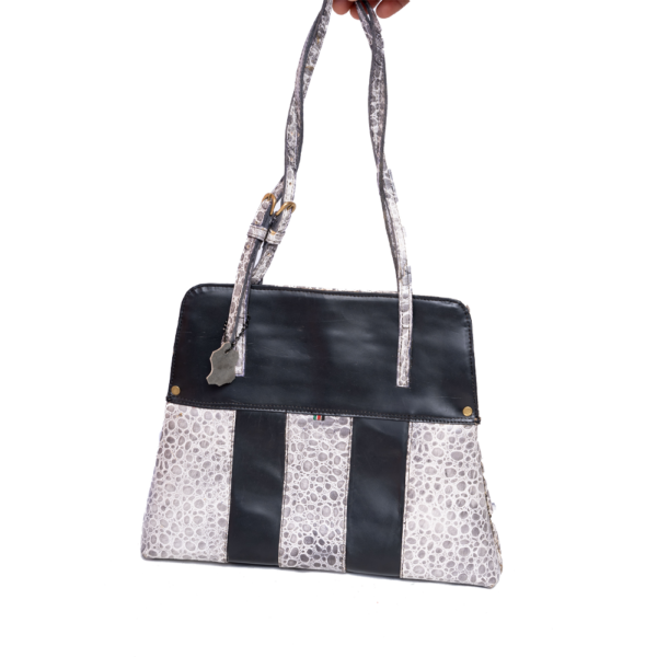 Crocodile Embossed Leather Handbag - Grey & White