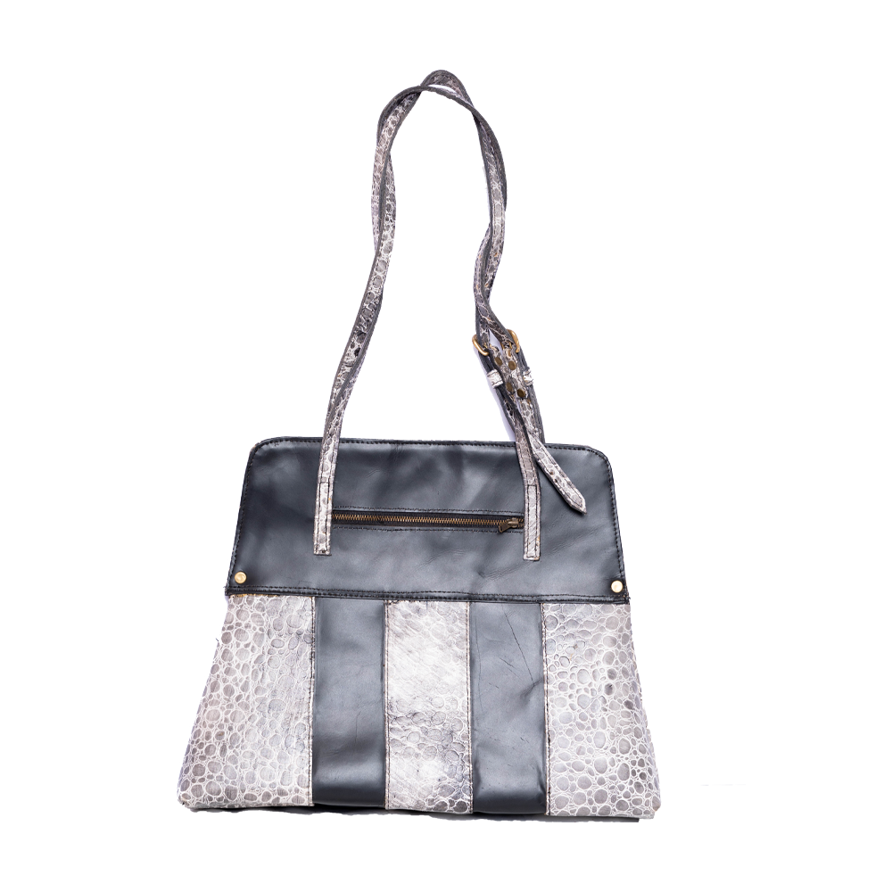 Crocodile Embossed Leather Handbag - Grey & White