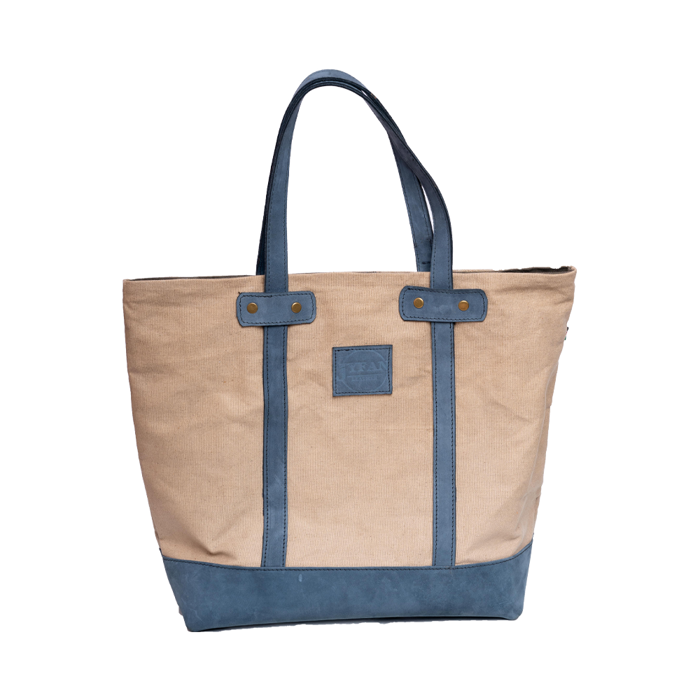 Brown Blue Leather Tote Bag